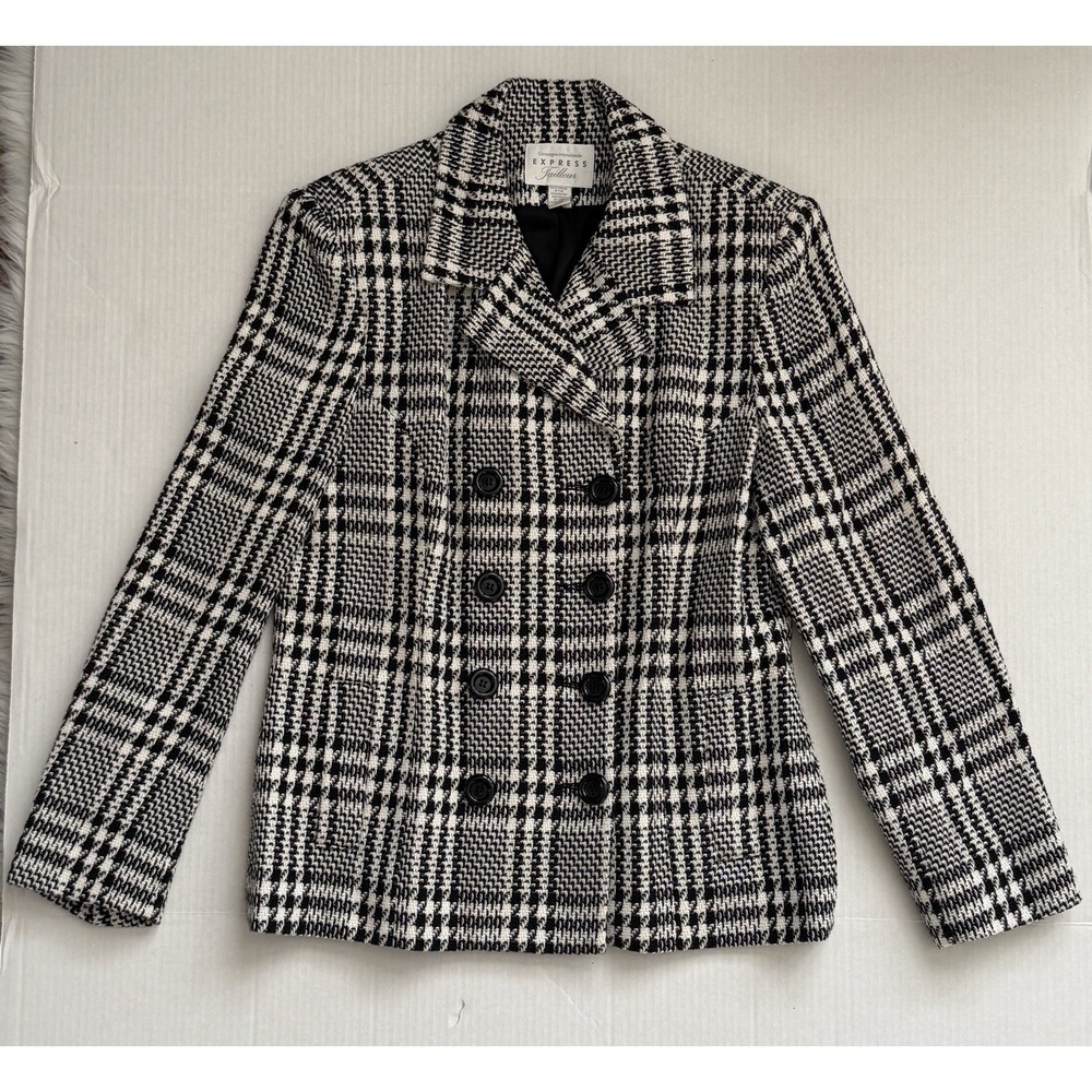 Vintage 90s Express Tailleur Blazer 11/12 Black Ivory Plaid Double Breasted